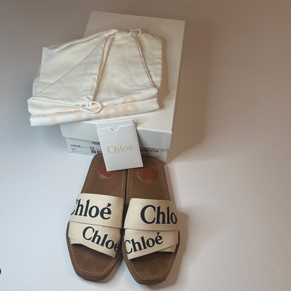 Chloé Woody Canvas Logo Slide Sandals Size 37 Beige w/ Box Dust Bag